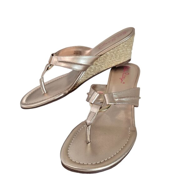 Lilly Pulitzer mckim Gold Wedge espadrille Sandals Size 9.5 With Braided Heel - Picture 9 of 12